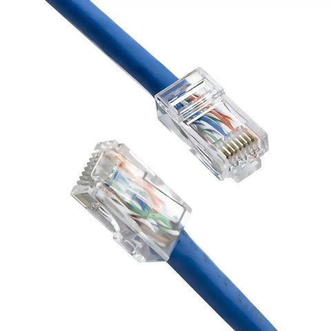 100 Pack Cat6 RJ45 Connectors For Solid And Stranded UTP Ethernet Cables Crimp On Ends, transparent, clear finish on blue cable