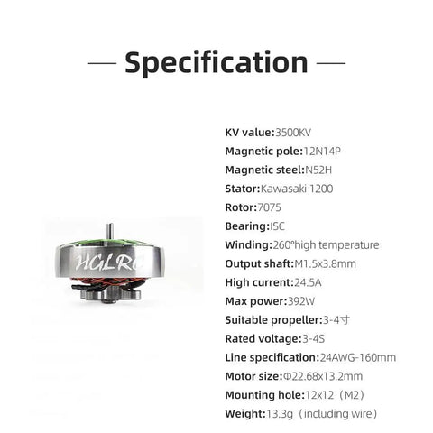 Specter 1804-3500KV 4S Brushless Motor specifications and side view for 3-3.5 inch FPV freestyle drones