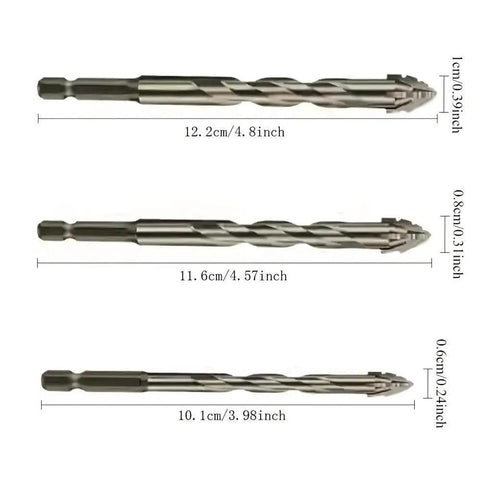 Carbide Tipped Sawtooth Eccentric Drill Bits Set 3 Pieces With Hex Shank For Ceramic Tile Glass Marble Concrete Cast Iron Dry Drilling Tool For Precise Holes And Clean Cuts Pro Grade; sizes 12.2, 11.6, 10.1 cm
