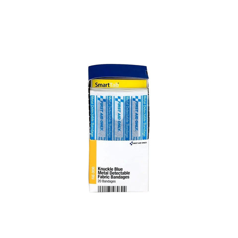 Box of Blue Metal Detectable Knuckle Bandages For Food Service Pros And Home, Latex Free H Shape Adhesive Bandages, 20 Count