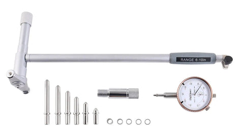 Dial Bore Gauge Set 6 To 10 Inches With 0.0005 Inch Graduations And 10 Inch Stem Length Model Ee20-5010 showing components and gauge.