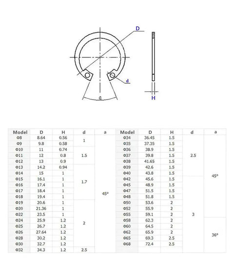 Diagram and specifications for Internal Snap Ring Assortment Kit, 200Pcs 304 Stainless Steel Circlip Retaining Rings, 8mm to 26mm.
