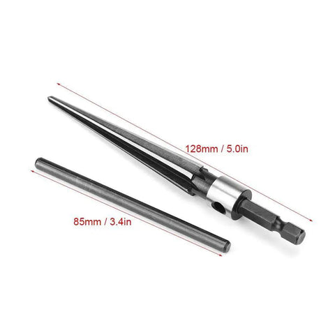 Front view of Handy T Handle Tapered Reamer Tool 3 To 13mm Six Fluted Chamfer Deburring Bit For Taper Holes Countersink Latches Guitar Repairs With 1 Quarter Inch Hex Shank And 45 Steel Durable Build, showing size measurements.