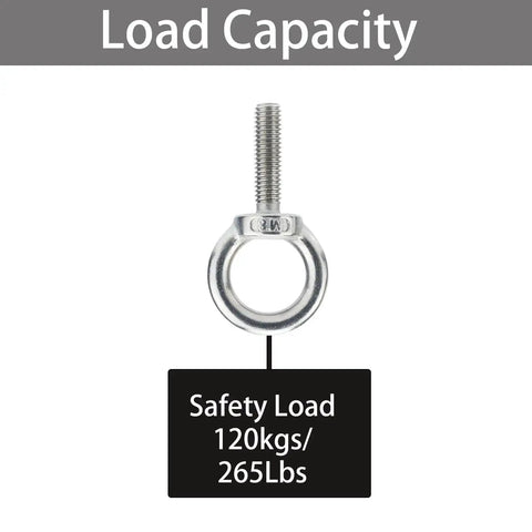 Four Pack M8 By 30mm Stainless Steel Eyebolts With Nuts And Washers 304 Grade Heavy Duty Eyebolts showing load capacity
