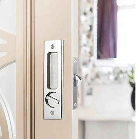 Sliding Door Lock With Invisible Recessed Handle And Latch, Includes Keys, For Pocket Doors And Barn Wood Doors, Interior Privacy Furniture Hardware In Silver Finish, 16 Cm Long By 4.5 Cm Wide, Fits 36-50 Mm Door Thickness installed on door.