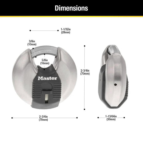 70mm Disc Padlock With Tough Cut Octagonal Boron Carbide Shackle For Indoor And Outdoor Security, front and side view dimensions shown