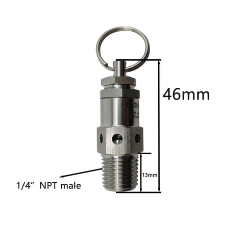 1/4 inch NPT male adjustable pressure relief safety valve in SS304 stainless steel with ring, 30 psi set pressure.