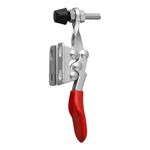 Heavy Duty Quick Release Clamp For Woodworking And CNC Fixtures, 27kg Holding Capacity, metal vertical workholding tool with red handle.