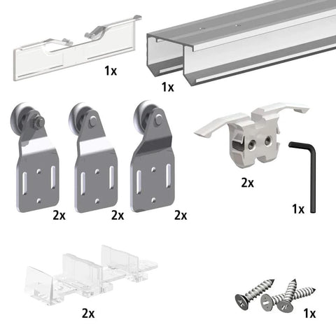Beefy 106 Inch Double Track Sliding Closet Door Hardware Kit For 2 Or 3 Bypass Doors Up To 100 Lbs Per Door Ceiling Mounted Top Hung Track Cut To Fit Silver Finish product components