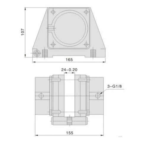 DBZ-20 pneumatic disc brake cylinder front/top views; metal gray housing with circular brake disc and mounting holes.