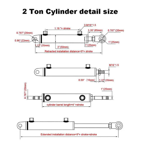 Technical diagram of Double Acting Welded Hydraulic Cylinder 1.5 Bore 8 Stroke 2 Ton JIC Connectors