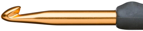 Close-up of Cushion Grip Crochet Hook 9-0 T15-900 Tips For FatigueFree Knitting with gold hook and black elastomer grip.