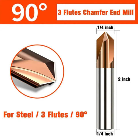 Carbide Chamfer End Mill 90 Degree With One Quarter Inch Shank Two Inch Overall Length Tisin Coated 3 Flute V Groove Cutter For Alloy Steels And Hardened Steel Ideal For Sign Making And Metal Carving Sisona