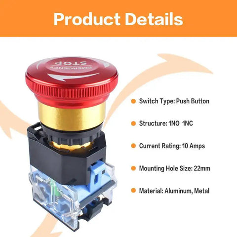 22mm Emergency Stop Button Switch 10A 1NO 1NC Latching Push Button Shut Off 440V Aluminum Alloy E Stop Safety Switch with product details