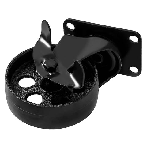 All Black Metal Swivel Plate Caster Wheels With Brake Lock, Heavy Duty 4 Inch Iron Casters, 400 Lb Each Capacity, front view.