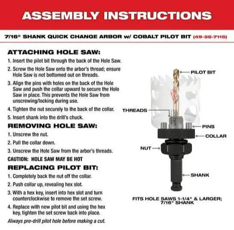 Assembly instructions for 7/16" shank quick change arbor with cobalt pilot bit, showing components and attachment steps.