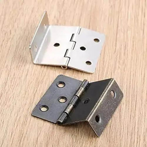 Two Pack 43 By 17mm Zinc Alloy Cabinet Door Hinges, vintage retro style, antique bronze and silver finish on wooden surface