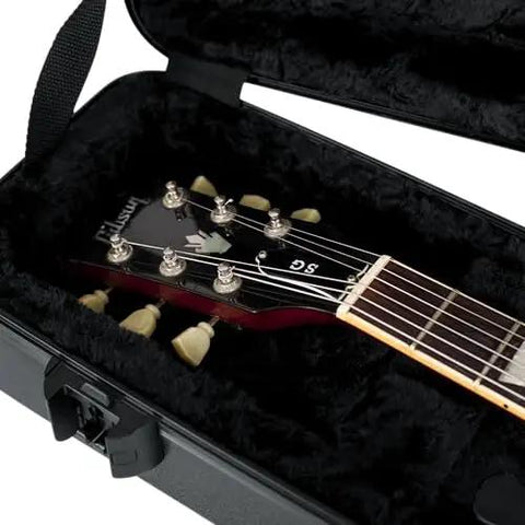 Interior view of Molded Flight Case For SG Style Double Cutaway Guitars With ATA Roto-Molded Polyethylene Shell TSA Approved Latch