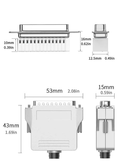 DB25 Male Breakout Board Adapter With Beefy Metal Shell dimensions and measurements in a tool-free solderless RS232 connector