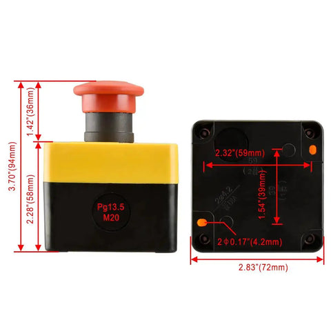 Dimensions and front view of Red Weatherproof Emergency Stop Push Button Switch 660V 10A With Box And Key 1NO 1NC Heavy Duty Pro Grade.