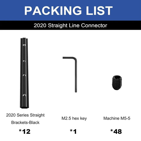 Packing list showing 12 Pack 2020 Straight Connector Corner Bracket Joint Plates For 8020 Aluminum Extrusion with screws and wrench.