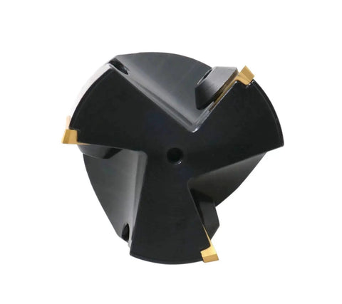 Indexable End Mill With TPG32 Carbide Inserts, Two Inch Cutting Diameter, Three Quarter Inch Straight Shank, Positive Rake Ninety Degree Right Hand Cut, Inserts Installed, Accusize Industrial Tools, front view.