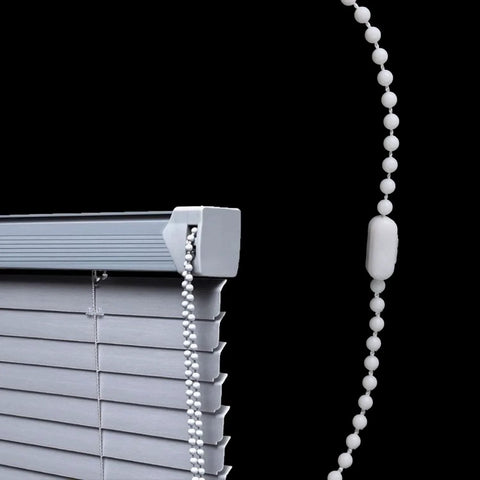 Close-up of white plastic bead chain connected to window blinds, part of Bead Chain Repair Kit For Window Blinds And Shades, 10 Meter White Plastic Bead Chain With 10 Connectors, Compatible With Roller Roman Vertical Blinds And Curtains, Durable And Easy To Use, Efficient Bead Chain Repair.