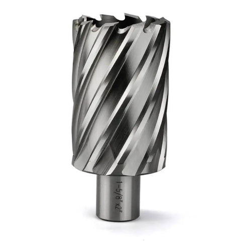 Annular Cutter Set For Magnetic Drill Press With Weldon Shank Three Quarters Inch Cutting Diameter One And Five Eighths Inch Two Inch Cutting Depth HSS Slugger Bits Kit For Metalworking And Milling Pro Grade By JESTUOUS showing close-up of cutter bit.