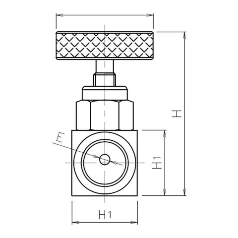 Technical drawing of a high pressure gas needle valve for industrial lines, carbon steel, small body, straight valve with round handle.