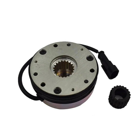 Electromagnetic brake assembly for forklifts, front view; metallic circular flange with splined center bore.