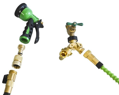 All Brass Garden Hose Quick Connect Fittings Three Quarter Inch GHT Easy Connect Male Only Eight Pack Durable Leak Free Hose Connector Set for Quick Switches and No Fuss Watering shown connected to a hose and nozzle.