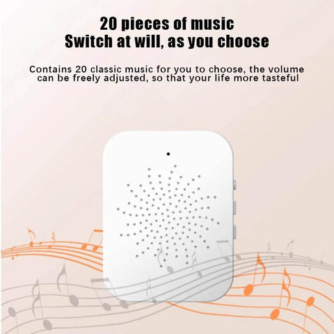 White speaker device with multiple music options and adjustable volume, surrounded by musical notes.