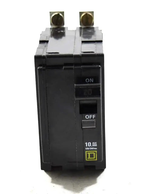 Front view of 2 Pole Bolt On Circuit Breaker 20 Amp 120 240 VAC And 48 VDC QOB220 Style UL CSA Approved for panelboards and appliances.