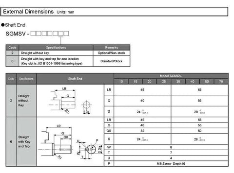 CHUNYE SGMSV-10ADA61 servo motor, 1 kW, shaft-end external dimensions with straight and keyed options.