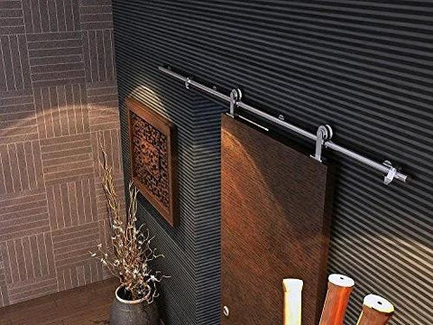 Ten Foot Stainless Steel Sliding Barn Door Hardware Kit With Double Track And Top Mounted Rollers Installed in Modern Interior