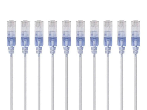 SlimRun Cat6A Ethernet Patch Cable 1ft Snagless RJ45 UTP 550MHz 10G Bare Copper 30AWG Blue 10-Pack showing connectors