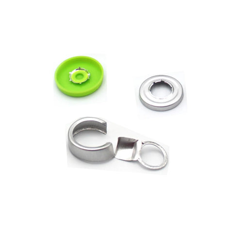DIELLY 10ml glass vial components: green silicone stopper with metal insert, silver crimp ring, stainless steel loop clip (set of 3)