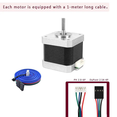 Pack Of 4 NEMA17 Stepper Motors High Torque Bipolar DC Step Motor Kit with 1-meter cable, connectors, and mounting features.