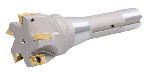 Indexable End Mill With 2 Inch Diameter And Six And One Eighth Inch Overall Length, 90 Degree Right Hand Cut, R8 Shank, 5 APKT1604 Carbide Inserts Tin Coated, No Coolant Through, Pro Grade Metalworking Tool By Accusize Industrial Tools