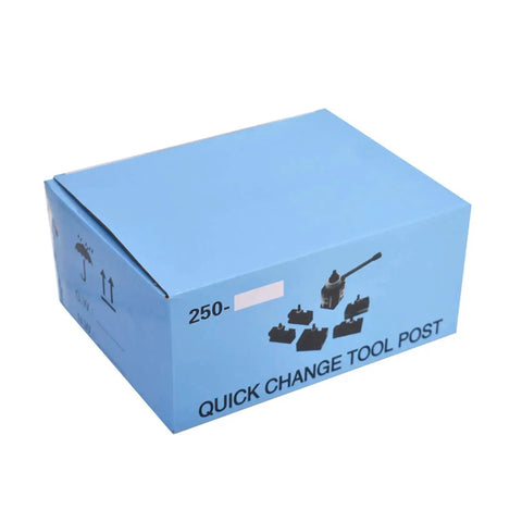 Packaging box for Wedge Type Quick Change Tool Post Set For Mini Lathe And 12 Inch Swing CNC Lathe with images of tool holders.