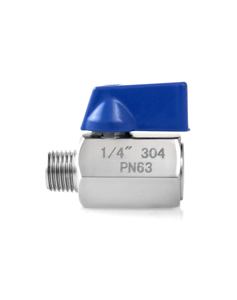 QWORK mini ball valve, 1/4 in NPT, 304 stainless steel, blue lever handle, threaded ends