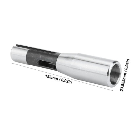 Side view of R8 to MT3 adapter in hardened alloy steel; 153 mm long with 23.8 mm bore.