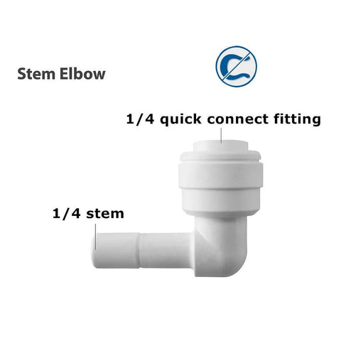 Stem elbow connector for 1/4 inch tubing; white plastic push-to-connect 90-degree fitting, Amazon pack of 10