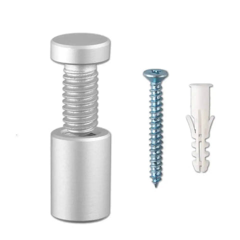 Pro Grade Sign Standoff Kit One Half Inch By Three Quarters Inch Solid Aluminum Mounting Hardware For Glass Panels And Acrylic Panels Pack Of Four For Quick Easy Install On Flat Displays And Signage, showing standoff, screw, and anchor