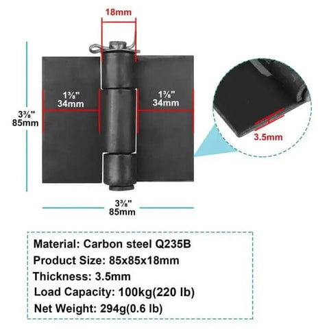 Heavy Duty Weldable Gate Butt Hinges Set, Four Pack 3-3/8 In By 3-3/8 In Weld On Door Hinges with dimensions and specs shown