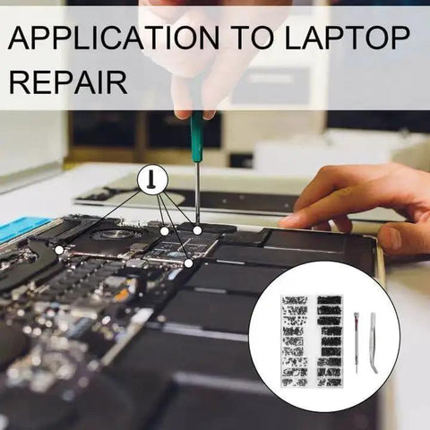 Using 500 Pcs Micro Glass Screws Repair Kit With Tweezers And Screwdriver M1.2 M1.4 M2 for laptop repair, hand with screwdriver.