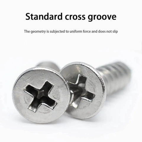 Close-up of Heavy Duty 304 Stainless Steel Wood And Metal Screw Kit with self-tapping Phillips countersunk flat head screws.