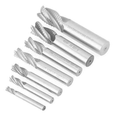 Roughing End Mill Set For Metalworking, 7 Pieces, HSS CNC Milling Cutter With 4 Flutes, shown in various sizes M6-M20