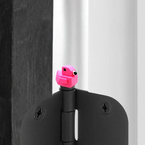 Flamingo Magnetic Door Hinge Heads Set 6 Fun Miniature Decorative Toppers for Doors and Metal Surfaces installed on black hinge