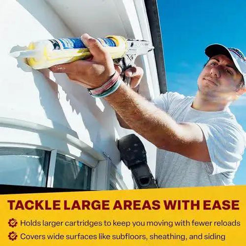 Contractor Grade Caulk Gun With 29 Oz Cartridge Capacity And Dripless Design For Minimal Mess used by man on exterior wall